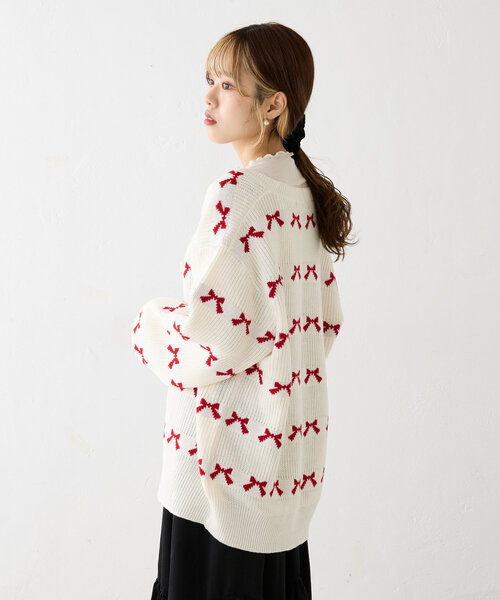 w closet（ダブルクローゼット）の「リボンビッグカーディガン（カーディガン/ボレロ・レディース・オフホワイト/ピンク/サックスブルー/ブラック・FREE）」の6枚目の写真