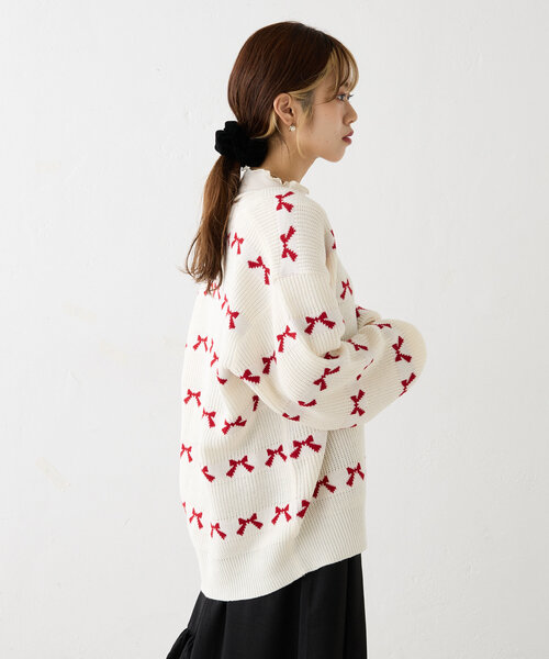 w closet（ダブルクローゼット）の「リボンビッグカーディガン（カーディガン/ボレロ・レディース・オフホワイト/ピンク/サックスブルー/ブラック・FREE）」の7枚目の写真