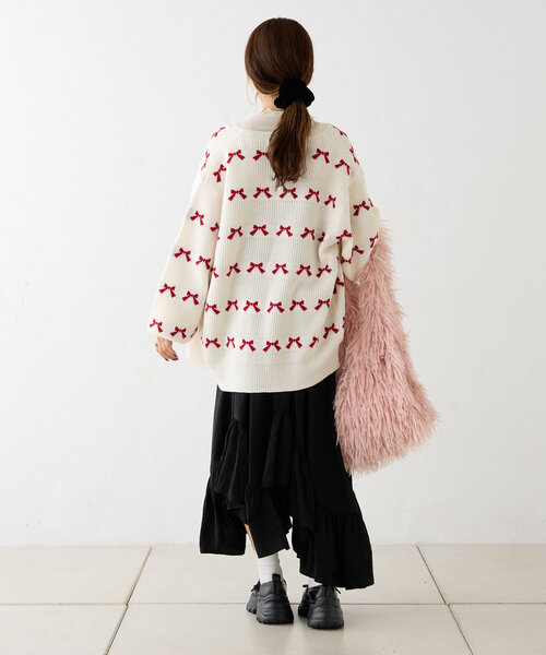 w closet（ダブルクローゼット）の「リボンビッグカーディガン（カーディガン/ボレロ・レディース・オフホワイト/ピンク/サックスブルー/ブラック・FREE）」の11枚目の写真