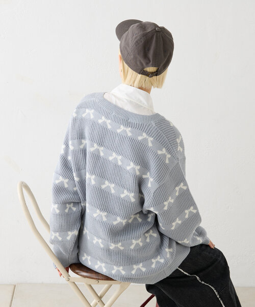 w closet（ダブルクローゼット）の「リボンビッグカーディガン（カーディガン/ボレロ・レディース・オフホワイト/ピンク/サックスブルー/ブラック・FREE）」の19枚目の写真