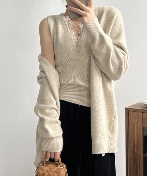 Miniministore(ミニミニストア)の「Vネックタンク ニットカーディガンセット(ニット/セーター・レディース・ベージュ/ライトベージュ/ブラック/ダークグレー・FREE)」の1枚目の写真