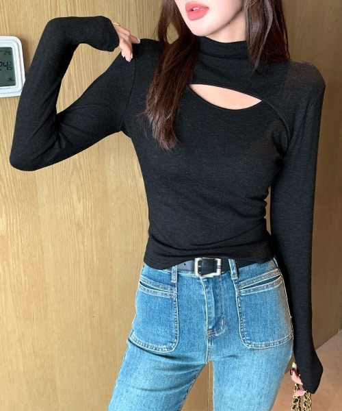 Miniministore(ミニミニストア)の「長袖Tシャツ 穴あき ハイネック 春秋冬(Tシャツ/カットソー・レディース・チャコールグレー/ブラック/ダークブラウン/ライトベージュ/グレー・L/XL/M)」の14枚目の写真