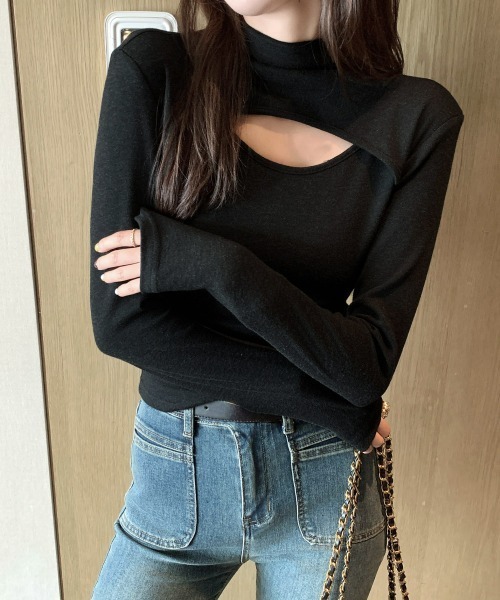 Miniministore(ミニミニストア)の「長袖Tシャツ 穴あき ハイネック 春秋冬(Tシャツ/カットソー・レディース・チャコールグレー/ブラック/ダークブラウン/ライトベージュ/グレー・L/XL/M)」の15枚目の写真
