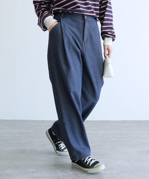 reca（レカ）の「裏起毛ボンディング タックデニムパンツ（デニムパンツ・レディース・ネイビー・M/L）」の2枚目の写真