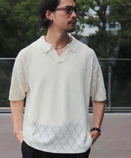 B:MING by BEAMS（ビーミングバイビームス）の「12ゲージ アーガイル スキッパー ポロシャツ（ポロシャツ・メンズ・ホワイト系その他5/ブラック・S/M/L/XL）」の2枚目の写真