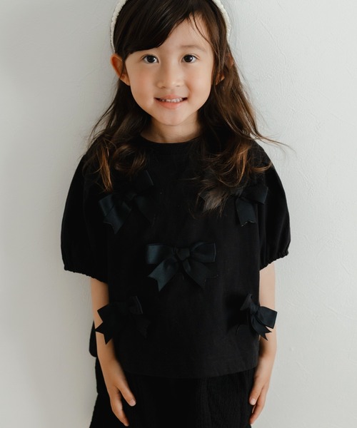 MAKE YOUR DAY(メイクユアデイ)の「ママとおそろい リボンパフスリーブ半袖Tシャツ■80~140cm(Tシャツ/カットソー・キッズ・ブラック/ピンク/オフホワイト・140/130/110/90/120/80/100)」の3枚目の写真