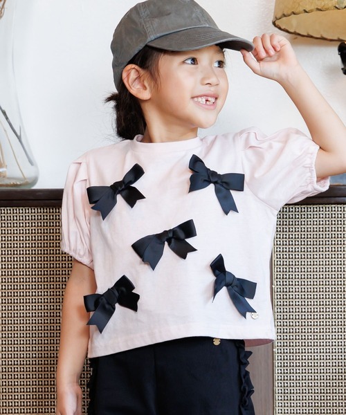 MAKE YOUR DAY(メイクユアデイ)の「ママとおそろい リボンパフスリーブ半袖Tシャツ■80~140cm(Tシャツ/カットソー・キッズ・ブラック/ピンク/オフホワイト・140/130/110/90/120/80/100)」の4枚目の写真