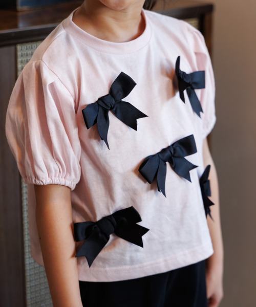MAKE YOUR DAY(メイクユアデイ)の「ママとおそろい リボンパフスリーブ半袖Tシャツ■80~140cm(Tシャツ/カットソー・キッズ・ブラック/ピンク/オフホワイト・140/130/110/90/120/80/100)」の6枚目の写真
