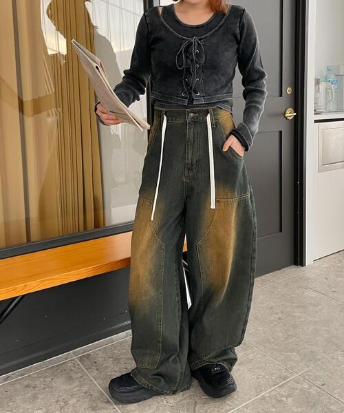 WEGO(ウィゴー)の「WEGO/【25年春夏新作】ヴィンテージライクレースアップトップス(Tシャツ/カットソー・レディース・スミクロ/ブラック・FREE)」の16枚目の写真