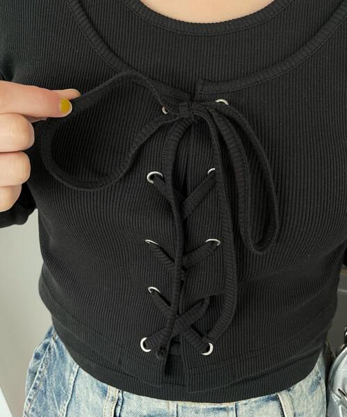 WEGO(ウィゴー)の「WEGO/【25年春夏新作】ヴィンテージライクレースアップトップス(Tシャツ/カットソー・レディース・スミクロ/ブラック・FREE)」の18枚目の写真