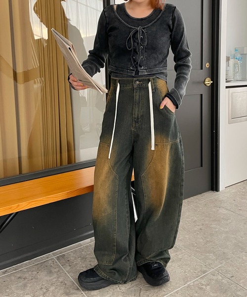 WEGO(ウィゴー)の「WEGO/【25年春夏新作】ヴィンテージライクレースアップトップス(Tシャツ/カットソー・レディース・スミクロ/ブラック・FREE)」の10枚目の写真