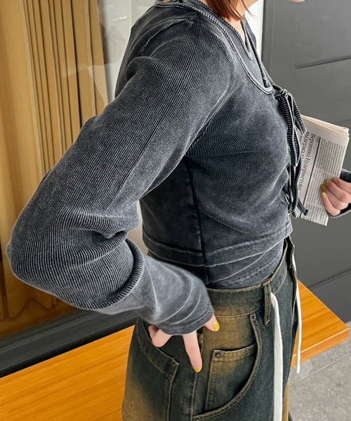 WEGO(ウィゴー)の「WEGO/【25年春夏新作】ヴィンテージライクレースアップトップス(Tシャツ/カットソー・レディース・スミクロ/ブラック・FREE)」の7枚目の写真