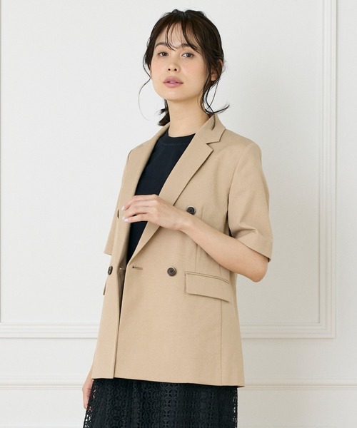 INED 綿麻オックス半袖ジャケット セール】綿麻オックスストレッチ ハーフスリーブジャケット