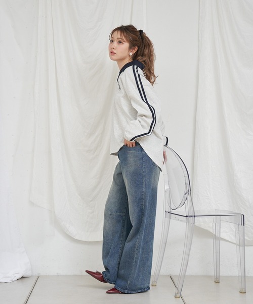 RAY CASSIN（レイカズン）の「襟スキッパーラインルーズTシャツ（Tシャツ/カットソー・レディース・グレー/ホワイト系その他/ネイビー・FREE）」の10枚目の写真