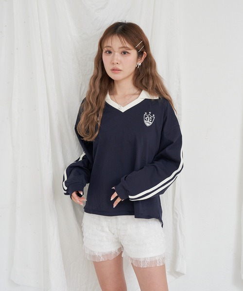 RAY CASSIN（レイカズン）の「襟スキッパーラインルーズTシャツ（Tシャツ/カットソー・レディース・グレー/ホワイト系その他/ネイビー・FREE）」の21枚目の写真