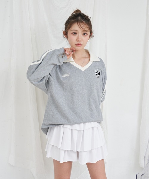 RAY CASSIN（レイカズン）の「襟スキッパーラインルーズTシャツ（Tシャツ/カットソー・レディース・グレー/ホワイト系その他/ネイビー・FREE）」の14枚目の写真