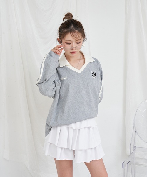 RAY CASSIN（レイカズン）の「襟スキッパーラインルーズTシャツ（Tシャツ/カットソー・レディース・グレー/ホワイト系その他/ネイビー・FREE）」の19枚目の写真