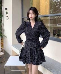 【URGE:】ドット柄 カシュクール 長袖 フレア ミニワンピース