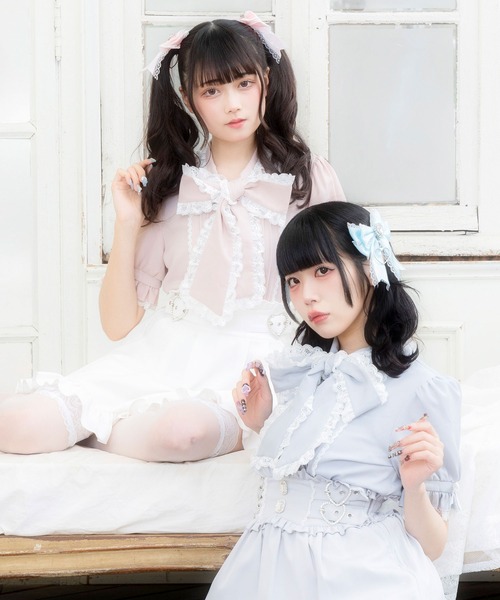 Bibiy. フリル ティアードミニドレス リボン ブラウス サテン レースフリルたっぷり上品ボウタイリボンブラウス（シャツ/ブラウス