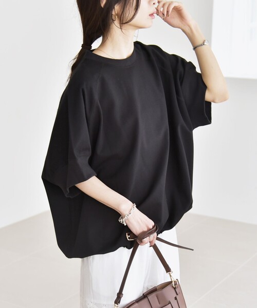 quaranciel(カランシエル)の「quaranciel:〈洗濯機可能〉ライト ポンチ ハーフスリーブ ドロスト ルーズ TEE(Tシャツ/カットソー・レディース・オフホワイト/カーキ/ブラック/ライトグレー・ONE SIZE)」の9枚目の写真