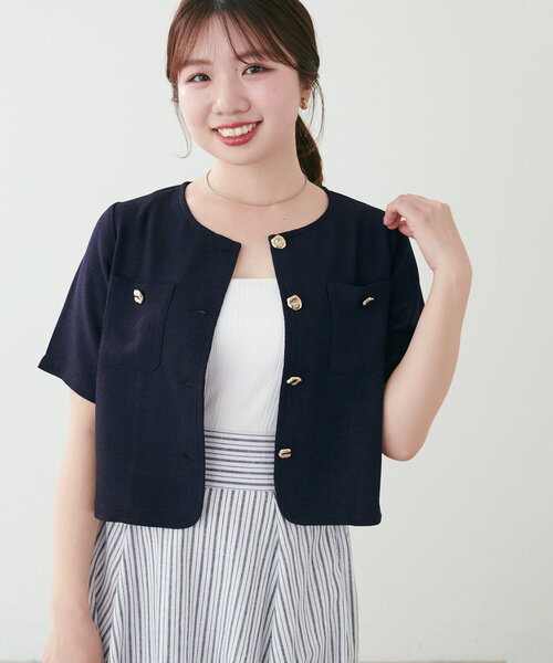 natural couture（ナチュラルクチュール）の「【canami】金釦ツイードジャケット風TOPS（Tシャツ/カットソー・レディース・サックスブルー/オフホワイト/ベージュ/ネイビー・FREE）」の3枚目の写真