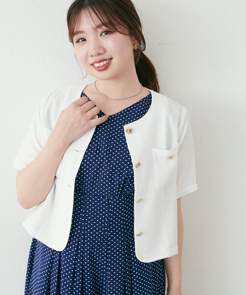 natural couture（ナチュラルクチュール）の「【canami】金釦ツイードジャケット風TOPS（Tシャツ/カットソー・レディース・サックスブルー/オフホワイト/ベージュ/ネイビー・FREE）」の2枚目の写真