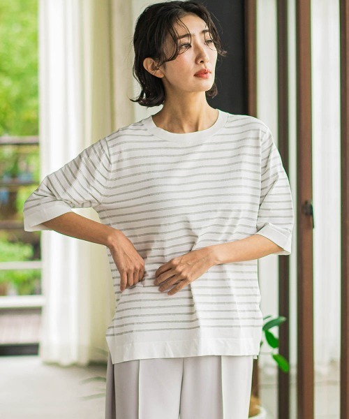 la.f…(ラエフ)の「Tシャツ風ボーダーニットプルオーバー≪手洗い可能≫(ニット/セーター・レディース・ブラック系その他/グレー系その他・9号)」の1枚目の写真