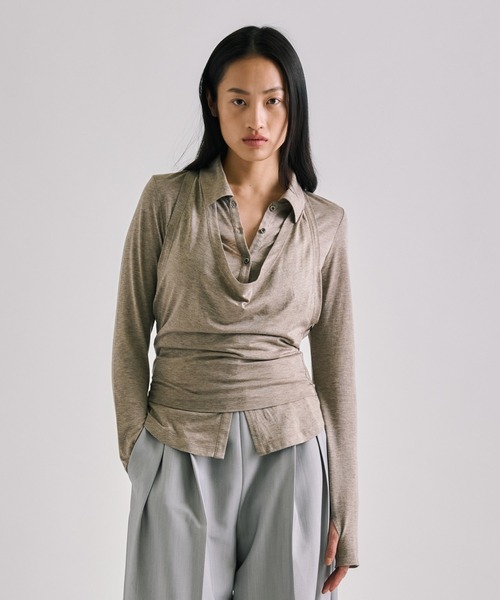 UNITED TOKYO（ユナイテッドトウキョウ）の「【残りわずか！】3wayHalterneck Layered Polo｜ウォッシャブル/ロンT/レイヤードトップス/春服（ポロシャツ・レディース・グレー/ブラック/ベージュ・FREE）」の3枚目の写真