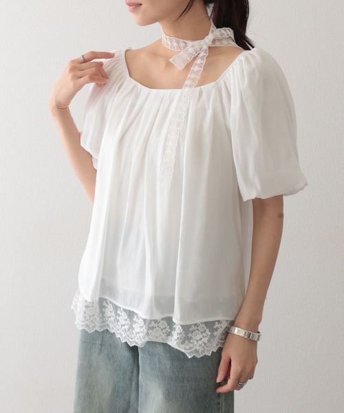 Lace Ladies(レースレディース)の「スクエアネック タック フレア パフスリーブ レースレイヤード風 ブラウス(シャツ/ブラウス・レディース・アイボリー/ブルー/ホワイト・FREE)」の16枚目の写真