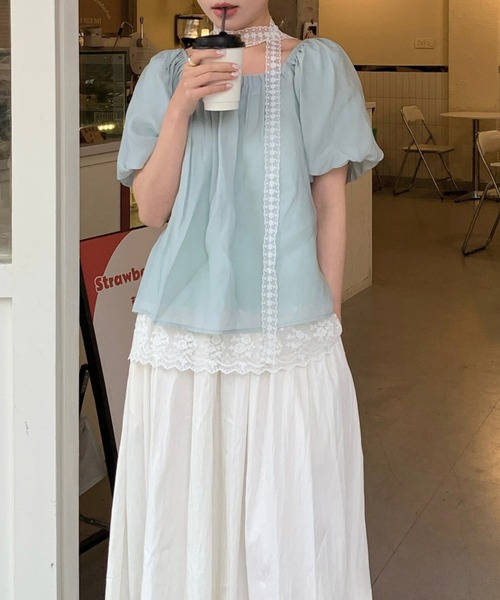 Lace Ladies(レースレディース)の「スクエアネック タック フレア パフスリーブ レースレイヤード風 ブラウス(シャツ/ブラウス・レディース・アイボリー/ブルー/ホワイト・FREE)」の9枚目の写真
