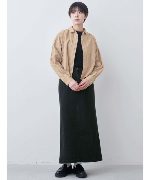 THREE FIFTY STANDARD(スリーフィフティースタンダード)の「THREE FIFTY STANDARD クロップド丈のストライプシャツ〈シナモンベージュ〉(シャツ/ブラウス・レディース・ベージュ・M/L/LL/3L)」の5枚目の写真