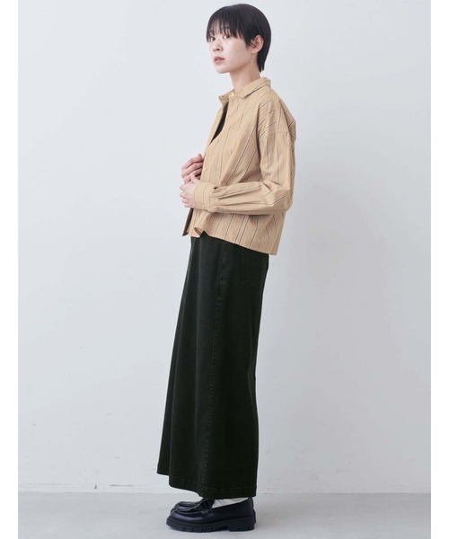 THREE FIFTY STANDARD(スリーフィフティースタンダード)の「THREE FIFTY STANDARD クロップド丈のストライプシャツ〈シナモンベージュ〉(シャツ/ブラウス・レディース・ベージュ・M/L/LL/3L)」の6枚目の写真