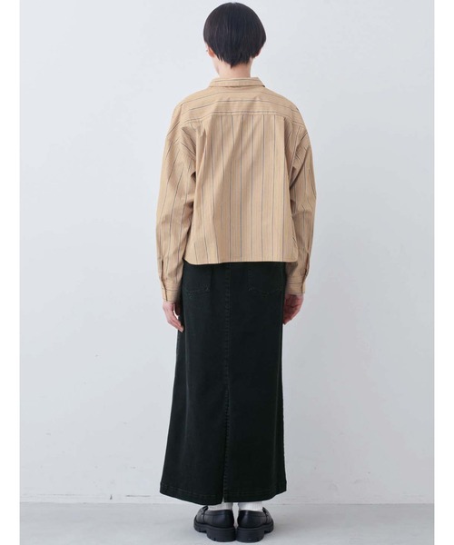 THREE FIFTY STANDARD(スリーフィフティースタンダード)の「THREE FIFTY STANDARD クロップド丈のストライプシャツ〈シナモンベージュ〉(シャツ/ブラウス・レディース・ベージュ・M/L/LL/3L)」の7枚目の写真