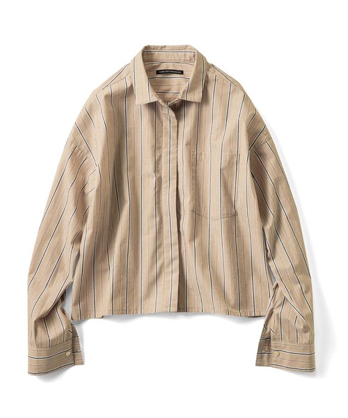 THREE FIFTY STANDARD(スリーフィフティースタンダード)の「THREE FIFTY STANDARD クロップド丈のストライプシャツ〈シナモンベージュ〉(シャツ/ブラウス・レディース・ベージュ・M/L/LL/3L)」の9枚目の写真