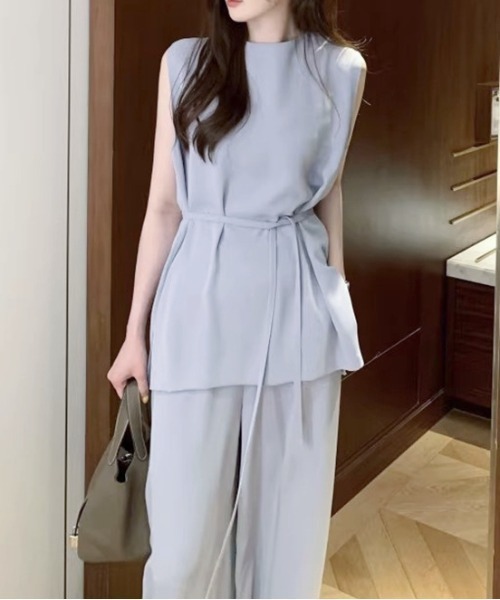 a lot of love(ア ロット オブ ラブ)の「ロング丈ノースリーブ×ワイドパンツ セットアップ(パンツドレス・レディース・ブラック/ライトグレー/ベージュ・FREE)」の8枚目の写真