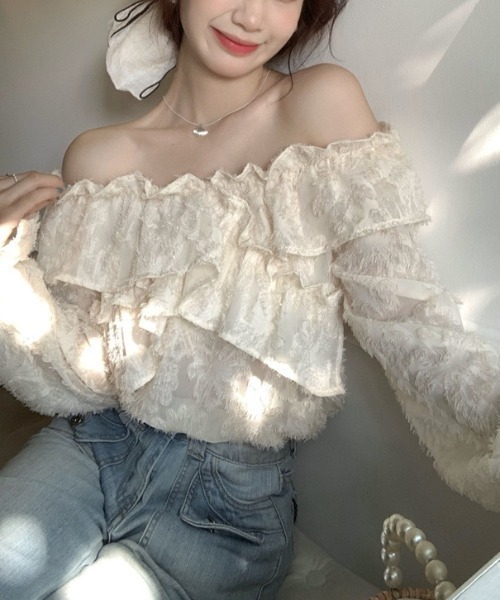 gossip!ロサンゼルス(ゴシップロサンゼルス)の「フロッキーフリル オフショルトップス(シャツ/ブラウス・レディース・オフホワイト/パープル・S/M)」の15枚目の写真
