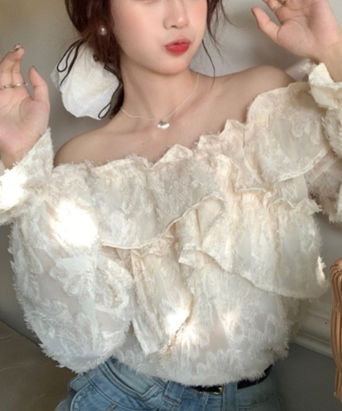 gossip!ロサンゼルス(ゴシップロサンゼルス)の「フロッキーフリル オフショルトップス(シャツ/ブラウス・レディース・オフホワイト/パープル・S/M)」の20枚目の写真