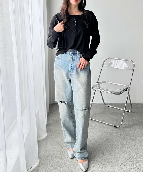 GeeRA(ジーラ)の「【S-LLサイズ/5色展開】前後2WAYシアースラブヘンリーネックロングTシャツ(Tシャツ/カットソー・レディース・ブラウン/オフホワイト/グレー/ブラック/ホワイト×ブラック・SMALL/MEDIUM/LARGE/X-LARGE)」の18枚目の写真