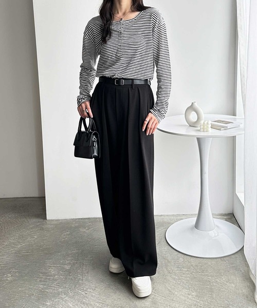 GeeRA(ジーラ)の「【S-LLサイズ/5色展開】前後2WAYシアースラブヘンリーネックロングTシャツ(Tシャツ/カットソー・レディース・ブラウン/オフホワイト/グレー/ブラック/ホワイト×ブラック・SMALL/MEDIUM/LARGE/X-LARGE)」の12枚目の写真