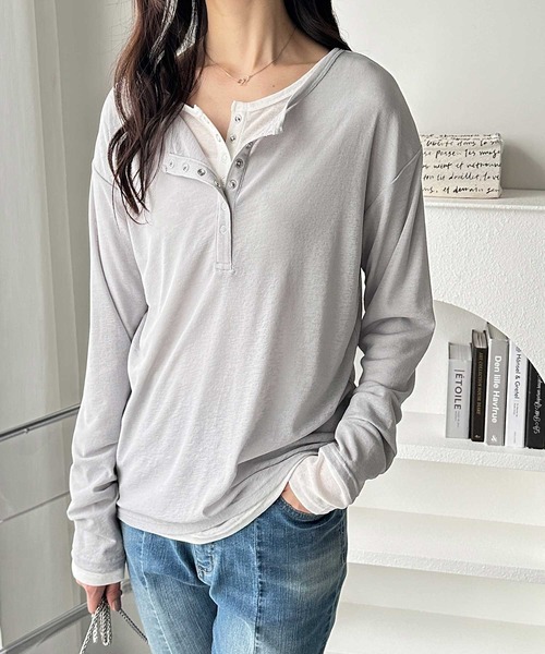 GeeRA(ジーラ)の「【S-LLサイズ/5色展開】前後2WAYシアースラブヘンリーネックロングTシャツ(Tシャツ/カットソー・レディース・ブラウン/オフホワイト/グレー/ブラック/ホワイト×ブラック・SMALL/MEDIUM/LARGE/X-LARGE)」の21枚目の写真