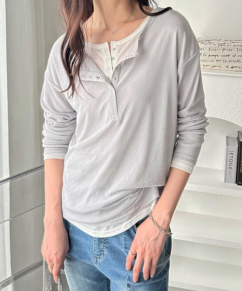 GeeRA(ジーラ)の「【S-LLサイズ/5色展開】前後2WAYシアースラブヘンリーネックロングTシャツ(Tシャツ/カットソー・レディース・ブラウン/オフホワイト/グレー/ブラック/ホワイト×ブラック・SMALL/MEDIUM/LARGE/X-LARGE)」の20枚目の写真