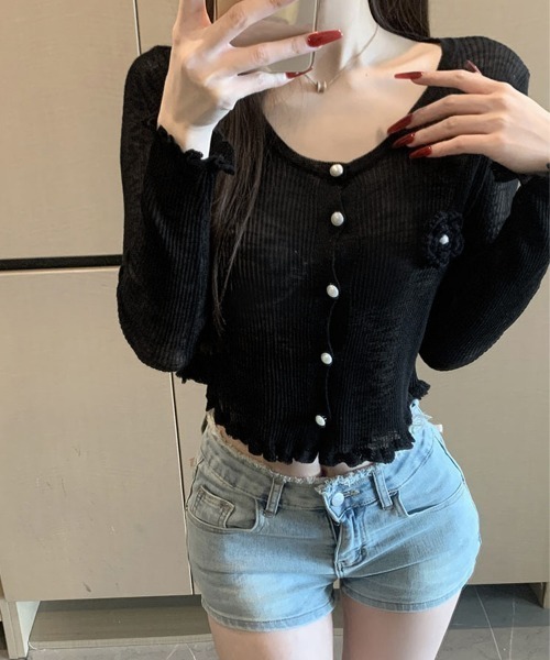Miniministore(ミニミニストア)の「サマーニットカーディガン 花モチーフ付き(カーディガン/ボレロ・レディース・ブラック/ライトブルー/ベージュ/ラベンダー/ピンク/ホワイト・FREE)」の1枚目の写真