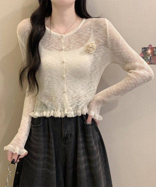 Miniministore(ミニミニストア)の「サマーニットカーディガン 花モチーフ付き(カーディガン/ボレロ・レディース・ブラック/ライトブルー/ベージュ/ラベンダー/ピンク/ホワイト・FREE)」の11枚目の写真