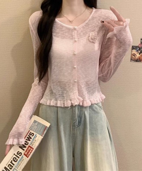 Miniministore(ミニミニストア)の「サマーニットカーディガン 花モチーフ付き(カーディガン/ボレロ・レディース・ブラック/ライトブルー/ベージュ/ラベンダー/ピンク/ホワイト・FREE)」の14枚目の写真