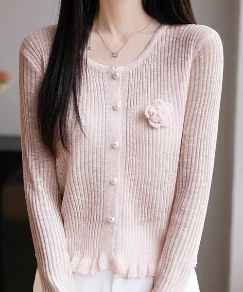セール】サマーニットカーディガン 花モチーフ付き（カーディガン