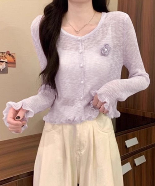 セール】サマーニットカーディガン 花モチーフ付き（カーディガン