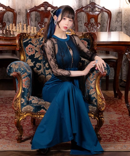 Tika(ティカ)の「キャバドレス ロング タイト シアーブラックレース 袖あり 七分袖 バストジップ 谷間見せ ウエストリボン ストレッチ バックスリットドレス(ドレス・レディース・ブラック×ホワイト/ブラック×ブルー・S/M/L/XL/XXL)」の1枚目の写真