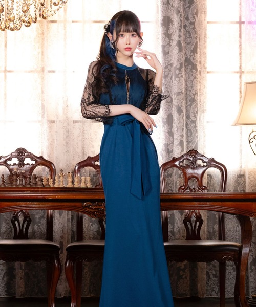 Tika(ティカ)の「キャバドレス ロング タイト シアーブラックレース 袖あり 七分袖 バストジップ 谷間見せ ウエストリボン ストレッチ バックスリットドレス(ドレス・レディース・ブラック×ホワイト/ブラック×ブルー・S/M/L/XL/XXL)」の11枚目の写真
