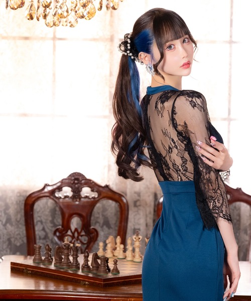 Tika(ティカ)の「キャバドレス ロング タイト シアーブラックレース 袖あり 七分袖 バストジップ 谷間見せ ウエストリボン ストレッチ バックスリットドレス(ドレス・レディース・ブラック×ホワイト/ブラック×ブルー・S/M/L/XL/XXL)」の13枚目の写真