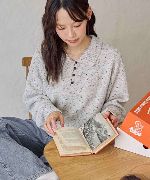 CHAN ME(チャンミ)の「ポロデザインネップニット(ニット/セーター・レディース・ホワイト/チャコールグレー/カーキ・MEDIUM/LARGE/X-LARGE)」の2枚目の写真